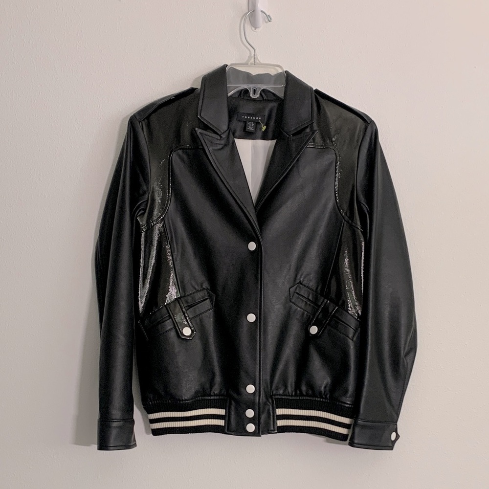 Topshop Black Modified Bomber Jacket with White Snap Details